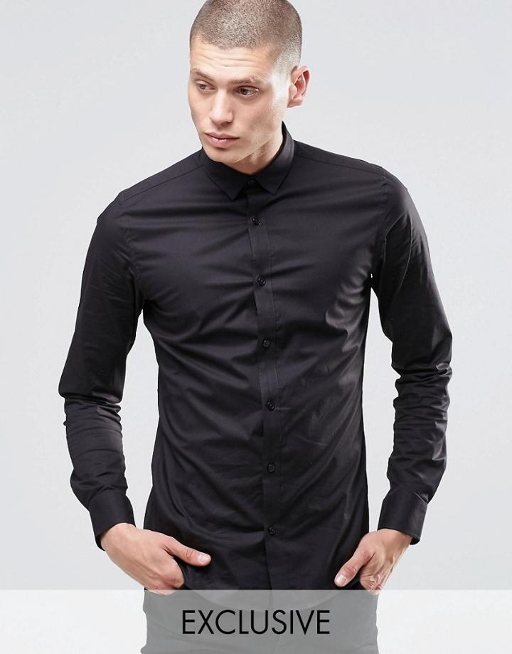 Only & Sons Skinny Shirt With Concealed Button Down Collar With Stretch - Black