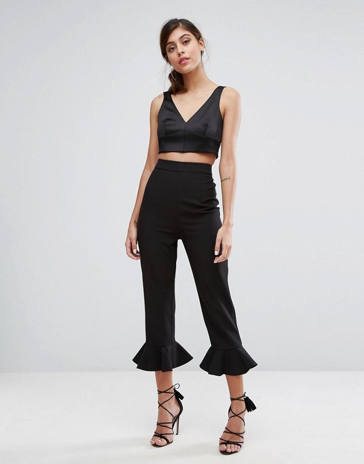 Dark Pink Ruffle Hem Pants - Black