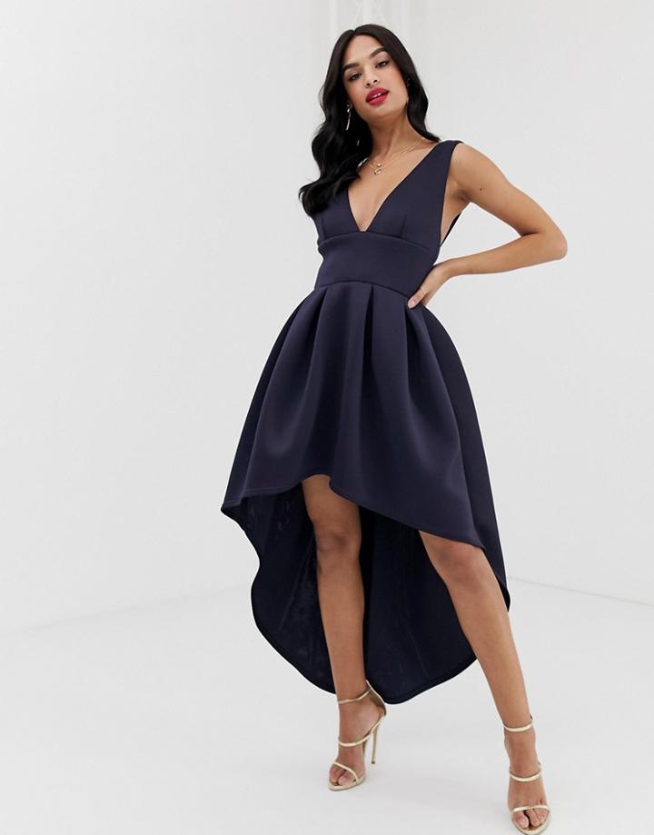 True Violet Exclusive Plunge Front High Low Skater Dress In Navy - Navy