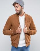 Asos Suede Bomber Jacket With Embroidery In Tan - Tan