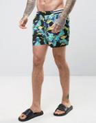 Asos Swim Shorts With Floral Print And Stripe Waistband In Short Length - Multi