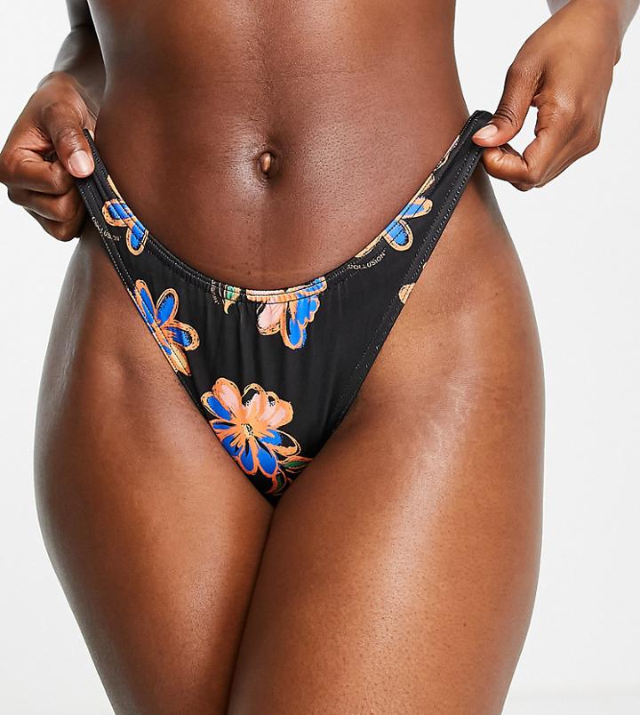 Collusion 80s High Rise Bikini Bottoms In Black Floral Print
