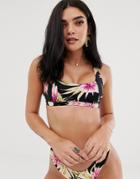 River Island Cami Bikini Top With Square Neck In Tropical Print-cream