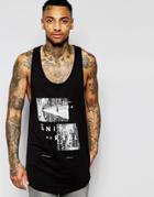 Asos Longline Tank With Photo Print And Extreme Racer Back - Black