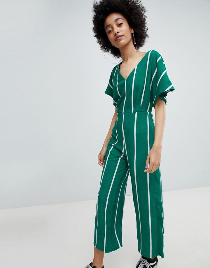 Bershka Kimono Sleeve Stripe Jumpsuit In Green - Green