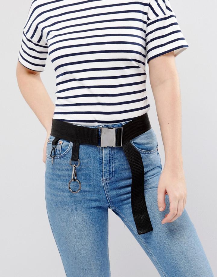 Asos Seat Belt Buckle Webbing Belt With Ring Detail - Black