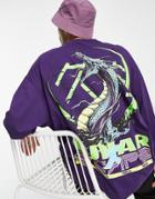 Asos Design Oversized Long Sleeve T-shirt In Dark Purple With Dragon Back Print