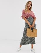 Asos Design Mixed Floral Print Twist Front Midi Tea Dress-multi