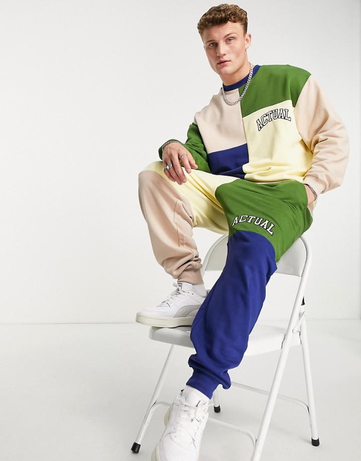 Asos Actual Relaxed Sweatpants In Color Block With Logo Print In Beige - Part Of A Set-neutral