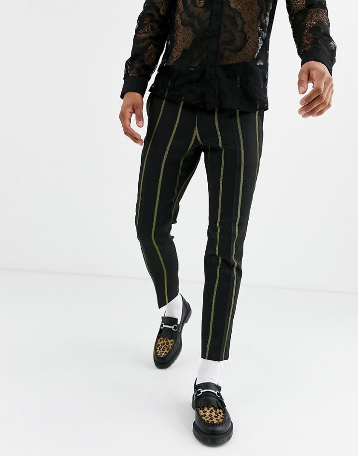 Twisted Tailor Tapered Cropped Smart Pants With Yellow Stripe In Black