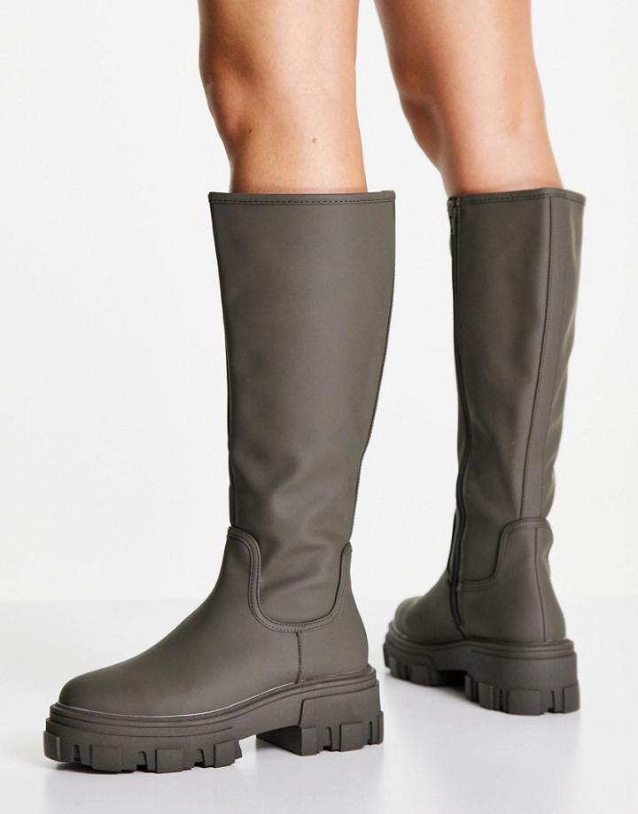 Asos Design Carla Chunky Flat Boots In Khaki-green