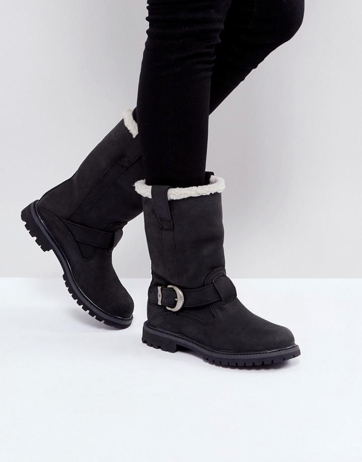 Timberland Nellie Black Faux Shearling Lined Biker Boots - Black