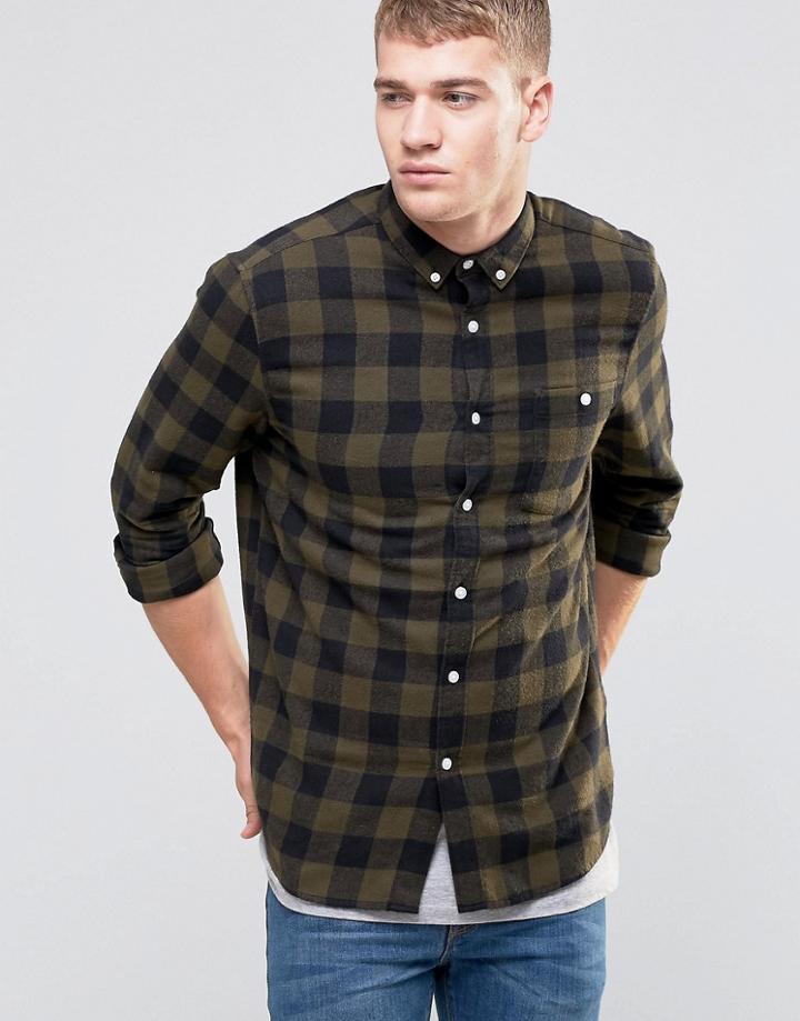 Asos Buffalo Plaid Shirt In Khaki With Long Sleeves In Regular Fit - Khaki