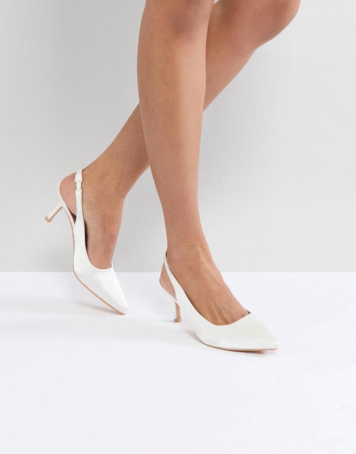 True Decadence White Satin Kitten Heeled Sling Back Shoes - White