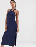 Asos Design Midi Dress In Crepe With Cross Neck And Buckle Straps - Navy