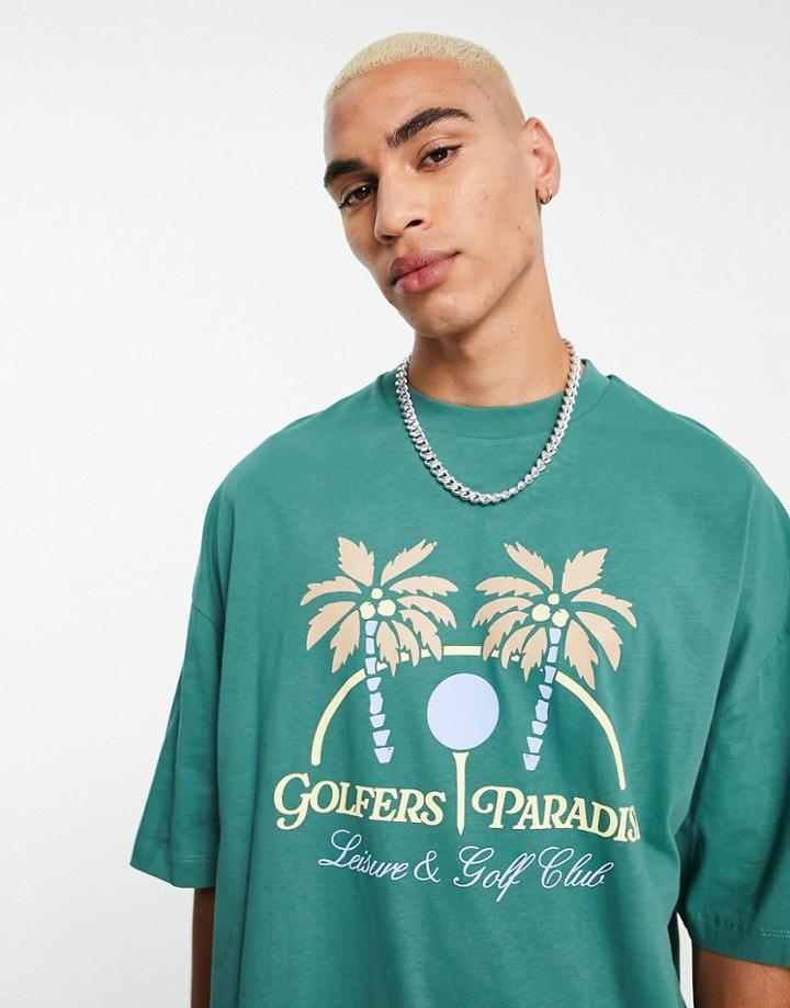Asos Design Oversized T-shirt In Green With Golf Vacation Front Print