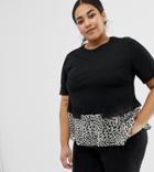 Lost Ink Plus Top With Contrast Animal Print Hem - Black