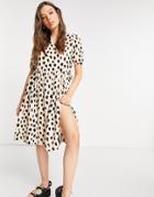 Monki Yoana Printed Wrap Midi Dress In Beige - Beige-neutral