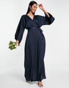 Tfnc Bridesmaid Kimono Sleeve Satin Wrap Maxi Dress In Navy