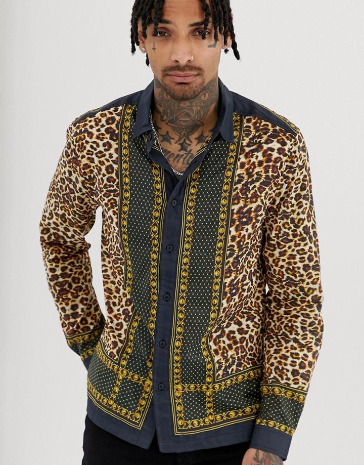 Asos Design Regular Fit Leopard Border Print Shirt In Cotton-black