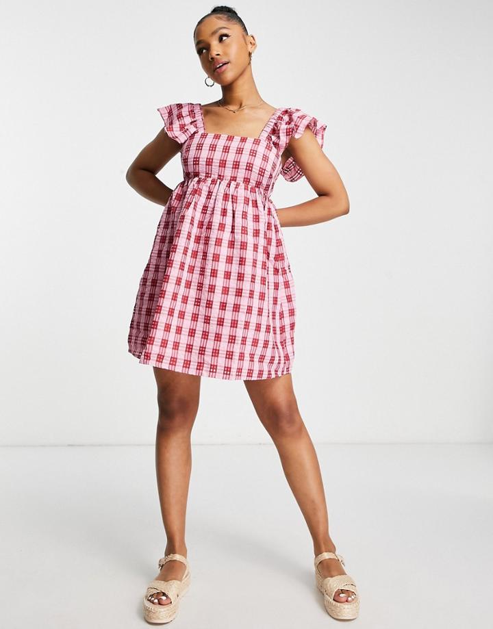 New Look Tie Back Frill Strap Gingham Mini Dress In Red