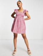 New Look Tie Back Frill Strap Gingham Mini Dress In Red