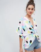 Asos Design Knot Front Top With Kimono Sleeve In Graphic Print - Multi