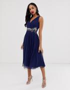 Little Mistress V Neck Tulle Skirt Midi Dress With Embellished Detail - Navy