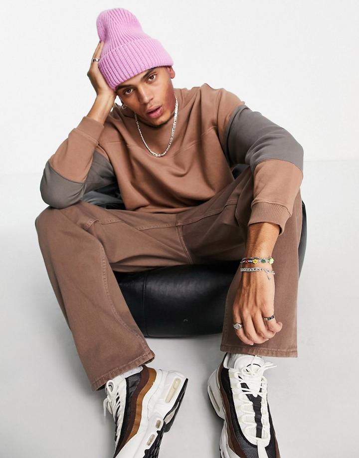 Asos Design Oversized Sweatshirt With Contrast Sleeve Panels And Small Logo Print-brown