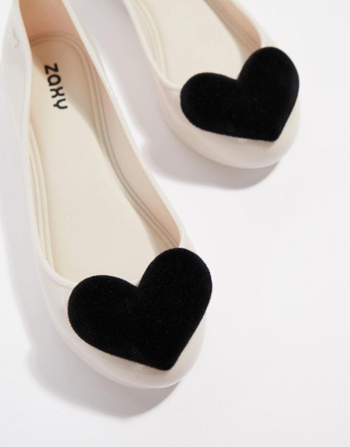 Zaxy Flock Heart Valentines Flat Shoes - Cream