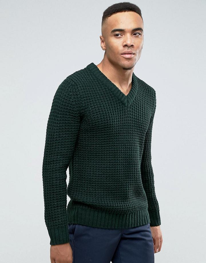 New Look Chunky V Neck Sweater In Dark Green - Green