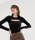 Monki Cut Out Neck Long Sleeve Jersey Top In Black