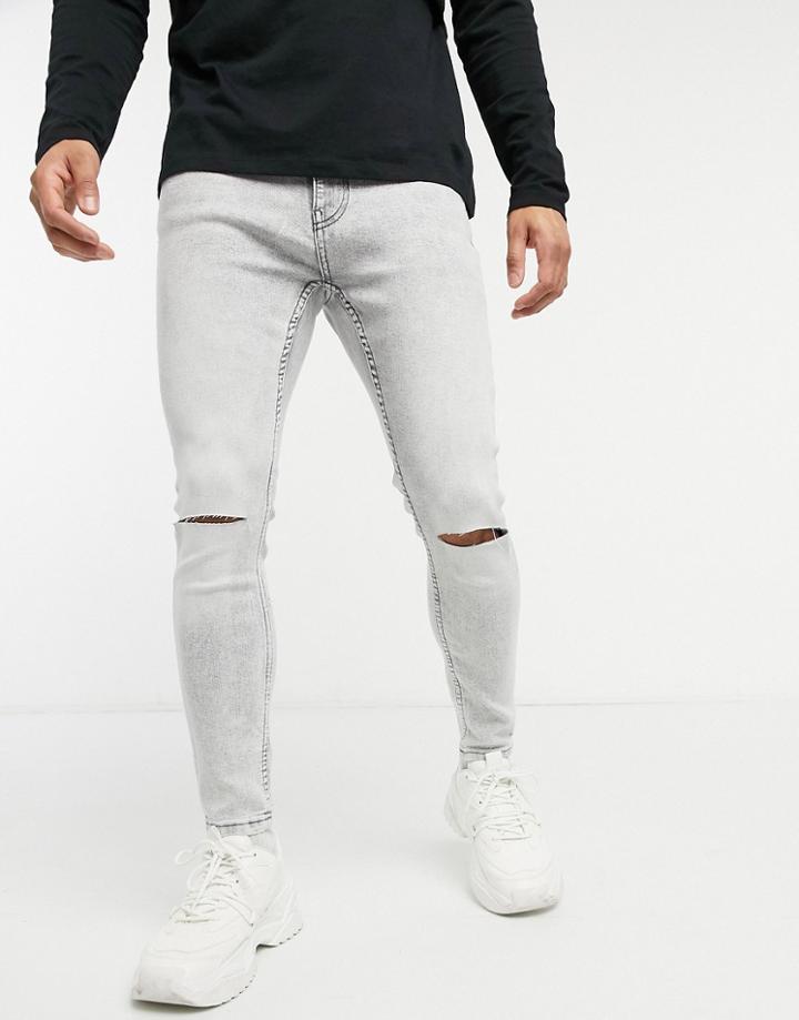 Bershka Super Skinny Jeans With Knee Rips In Light Gray-grey