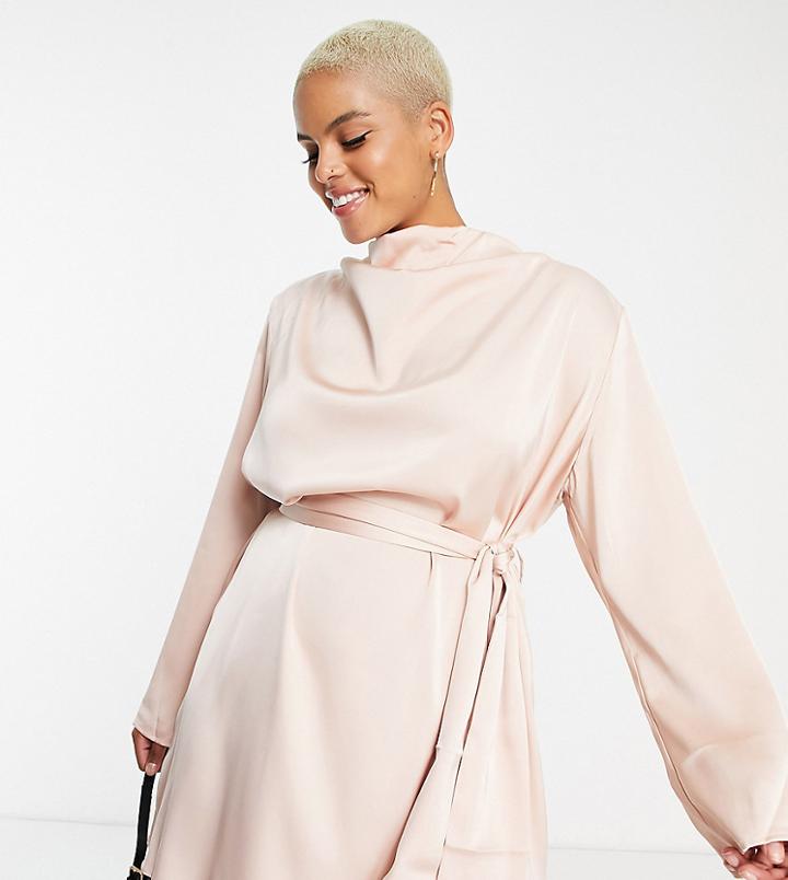 Pretty Lavish Curve Cowl Neck Tie Waist Satin Mini Dress In Blush Pink