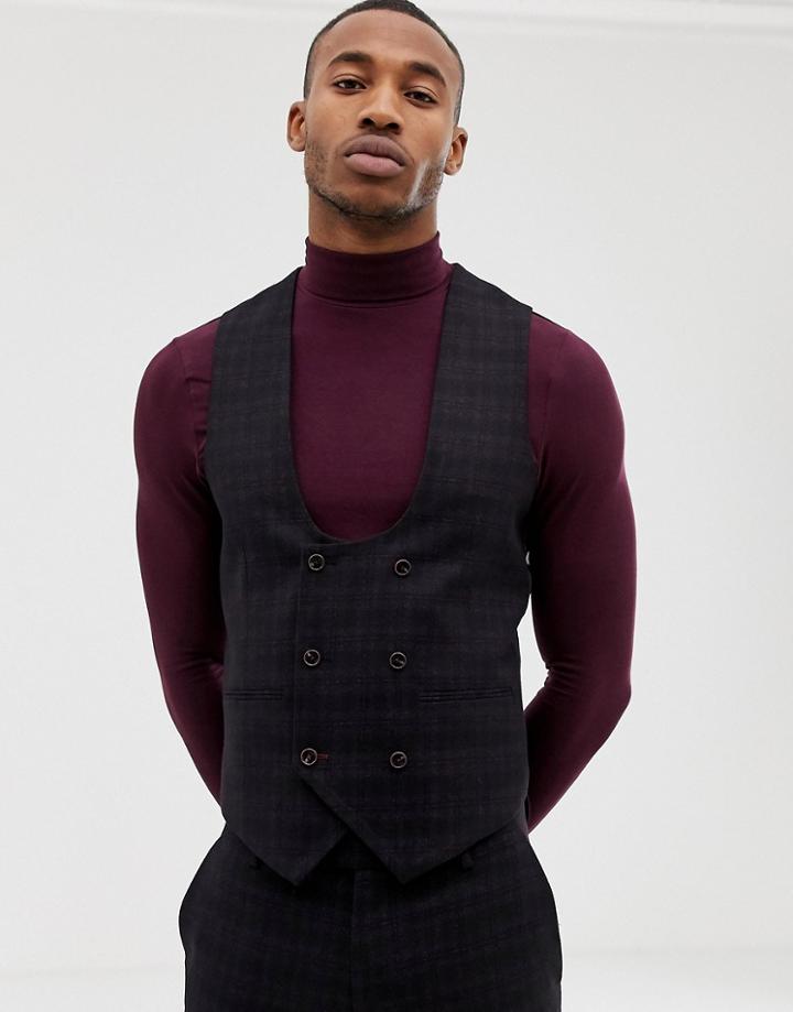 Harry Brown Deep Bordeaux Check Skinny Fit Suit Vest - Blue