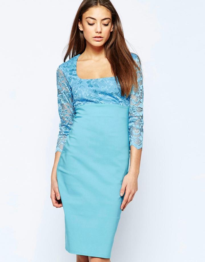 City Goddess Square Neck Midi Dress With Lace Trim - Blue