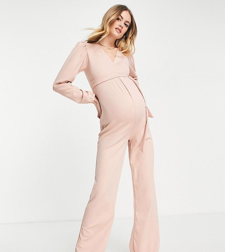 Missguided Maternity Wrap Wide Leg Jumpsuit In Pink