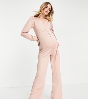 Missguided Maternity Wrap Wide Leg Jumpsuit In Pink