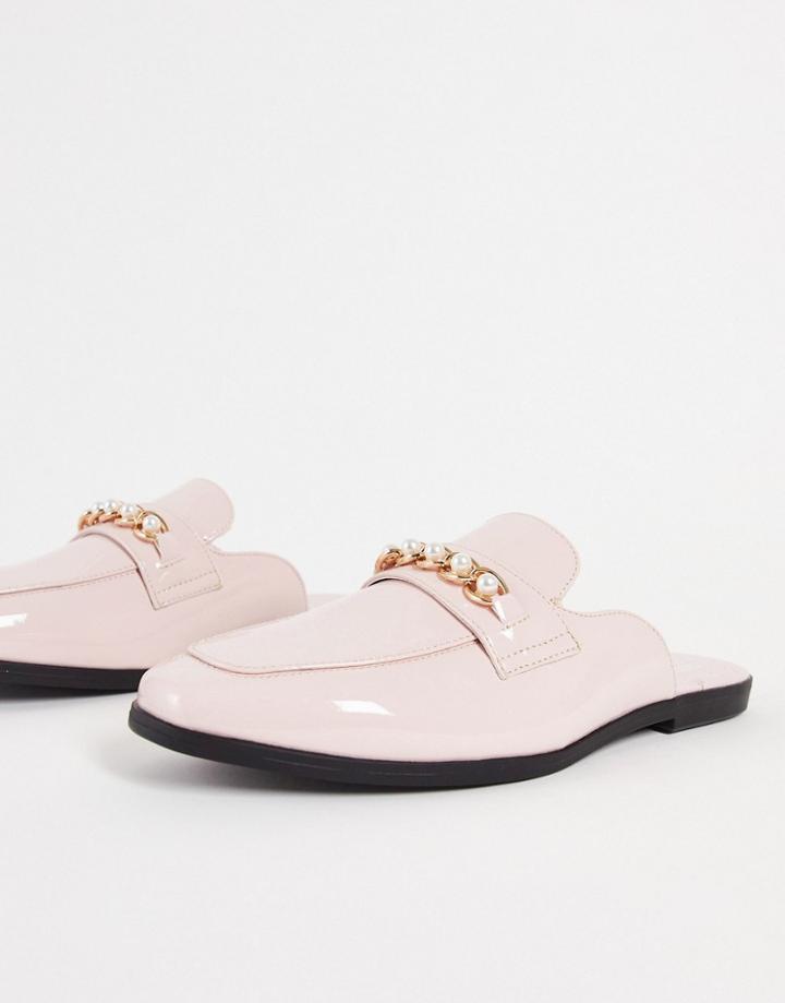 Asos Design Mule Loafers In Pink Patent Faux Leather With Pearl Trim