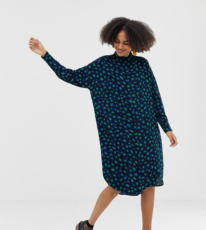 Monki Midi Shirt Dress Leopard Print In Blue And Green - Multi