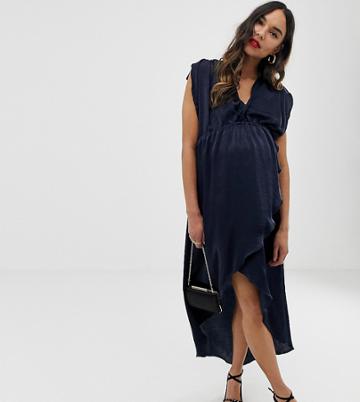 Blume Maternity Wrap Front Satin Dress In Navy - Navy