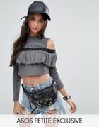 Asos Petite Cold Shoulder Ruffle Top With Eyelet Detail - Gray