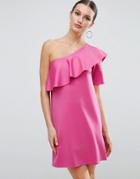Asos One Shoulder Mini Dress In Scuba With Asymmetric Frill - Pink