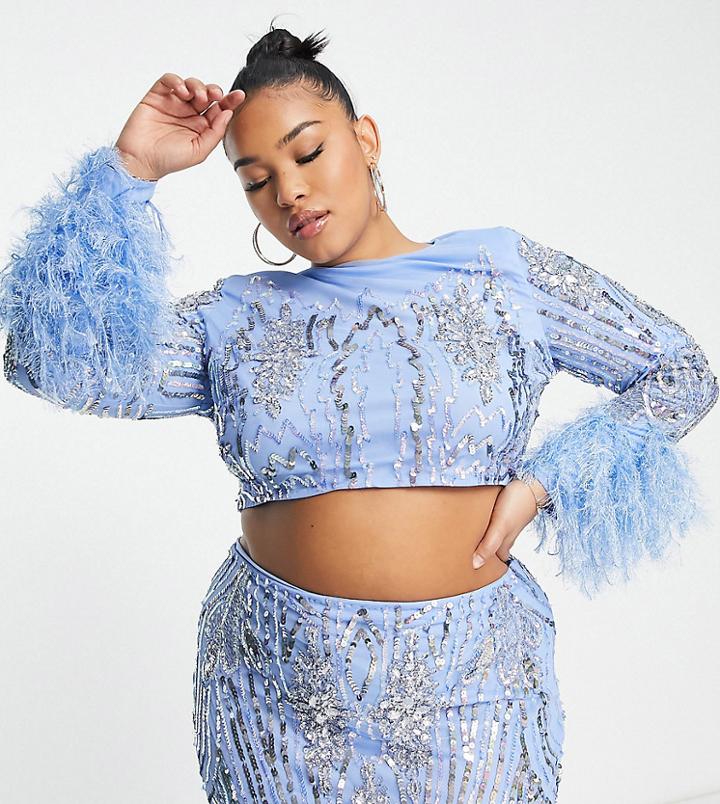 Asos Luxe Curve Cropped Embellished Top With Faux Feather Cuffs In Blue - Part Of A Set