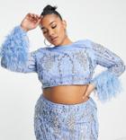 Asos Luxe Curve Cropped Embellished Top With Faux Feather Cuffs In Blue - Part Of A Set