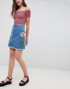 Influence Floral Embroidered Denim Skirt - Blue