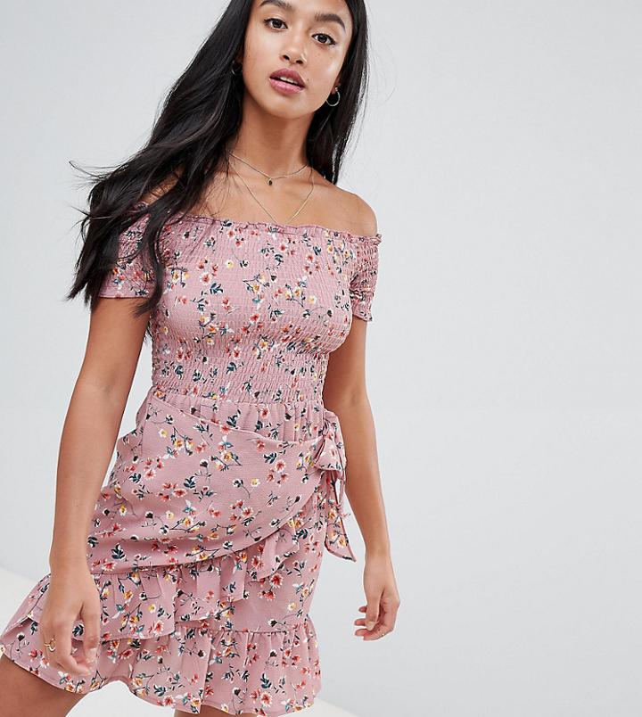 Sisters Of The Tribe Petite Shirred Bardot Dress With Wrap Tie Skirt In Ditsy Floral - Pink