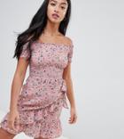 Sisters Of The Tribe Petite Shirred Bardot Dress With Wrap Tie Skirt In Ditsy Floral - Pink