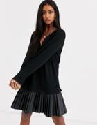 Asos Design Sweat Dress With Leather Look Pleated Hem-black