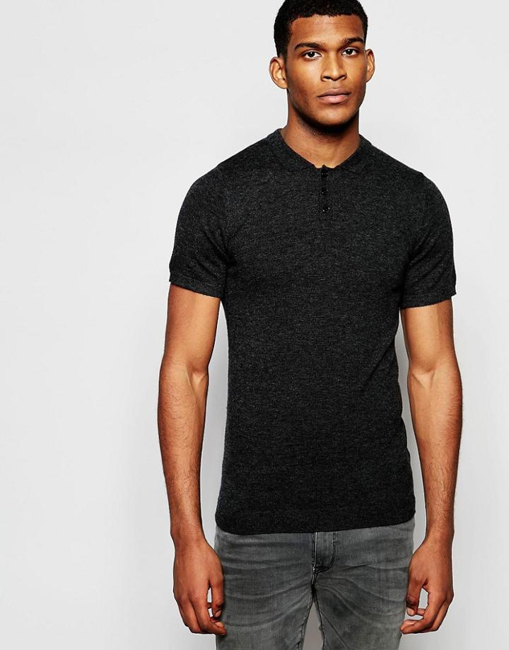 Asos Merino Wool Muscle Fit Short Sleeve Polo - Black